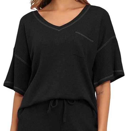 2 шт./компл. женский топ с шортами, комплект трикотажной вафельной текстуры с короткими рукавами, V-образным вырезом, дышащий, свободный, на шнурке, с эластичной резинкой на талии, домашняя одежда, спортивная одежда, лето