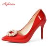 Мода Aphixta Горячие 10см Туфли-стилет Жемчужная пряжка Градиентные лодочки Женская обувь Лакированная кожа Супервысокий Заостренный носок Супербольшой 48 49 50