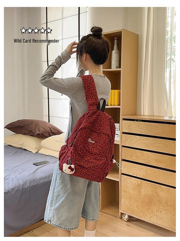 Women's Red Leopard Print Double Shoulder Backpack - Stylish American Niche Travel Bag, Large Capacity, Lightweight