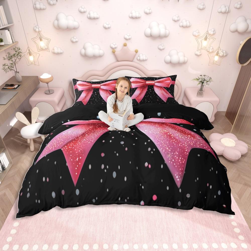 Homewish Pink Ribbon Bow Duvet Cover Set for Girls,Kawaii Princess Cartoon Bedding Set,Cute Stars Print Reversible Bed Set