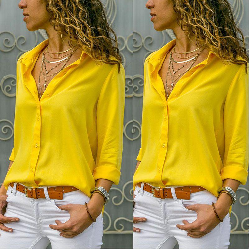 Вневременная однотонная женская офисная блузка-рубашка с длинным рукавом