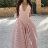 Women French Style Halter Neck Pleated Waist Cinching Long Dress