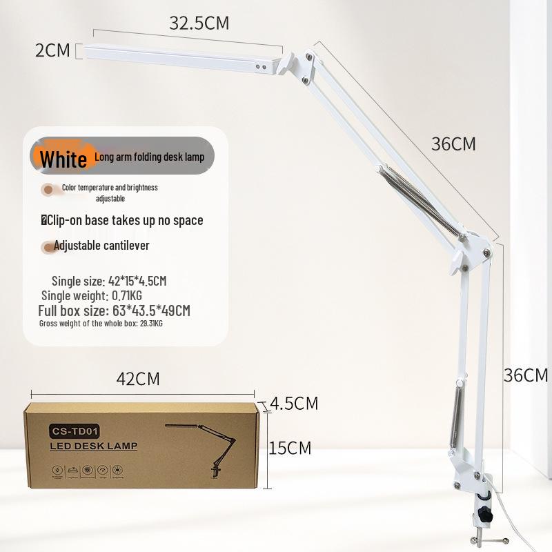 LED Eye-Care Desk Lamp with USB, Student Dormitory Creative Bedside Reading Light, Long Arm Folding Clip Design