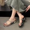 Flip Slippers Women Outwear Summer New Fashion Versatile Square Toe Open Toe Rhinestone Slender Strap Square Heel Sandals
