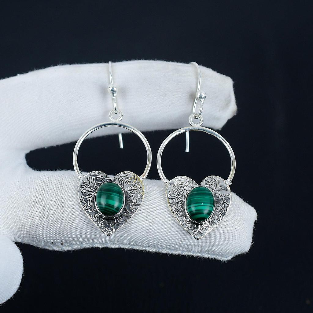Серьги в форме сердца из натурального малахита, серьги из стерлингового серебра 925 пробы, серьги-подвески из серебра ручной работы в стиле бохо, подарок на Пасху