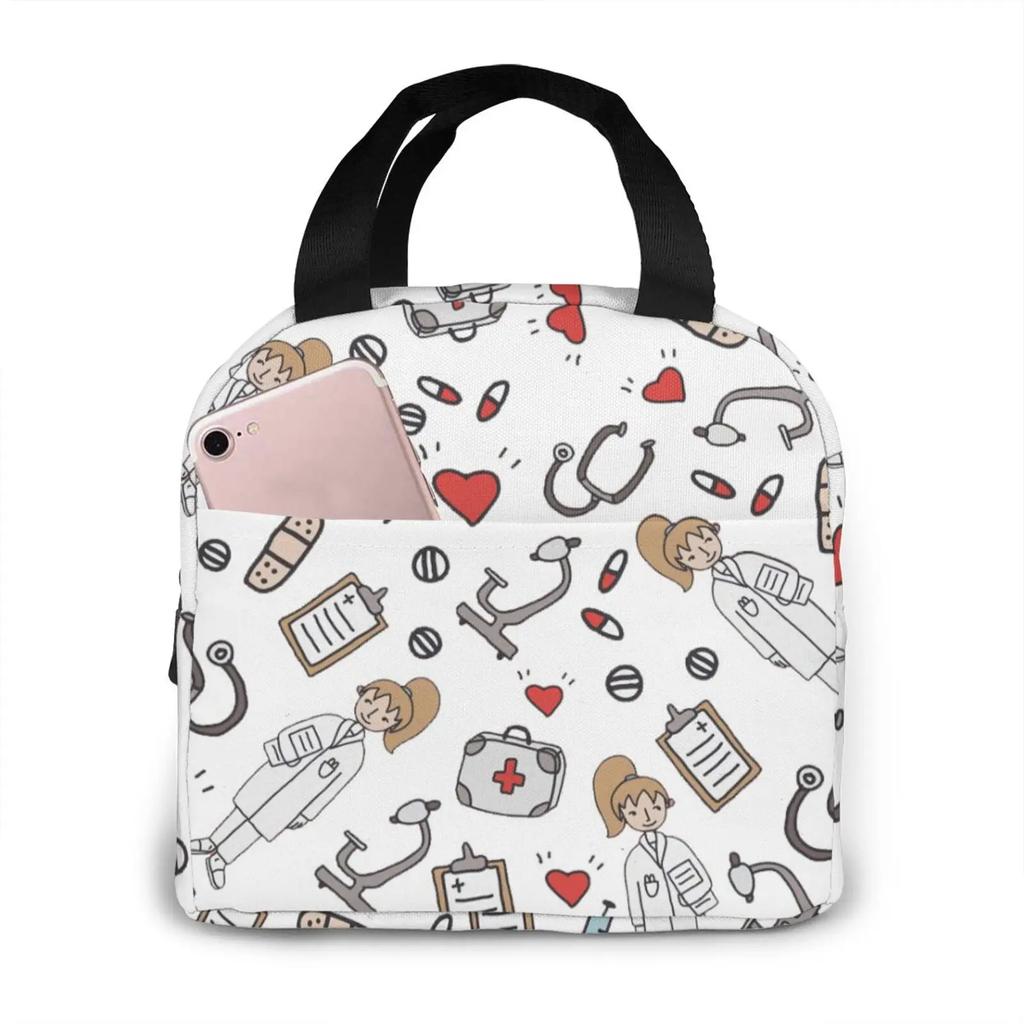 Travel Nurse Bag Insulated Lunch Bags Women Cartoon Nurse Print Food Case Cooler Warm Bento Box for Kids Lunch Box Picnic Bag