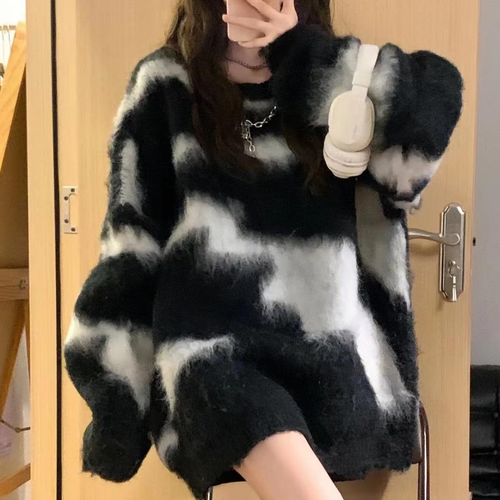 Женский осенне-зимний трикотажный плюшевый свитер-топ с длинным рукавом, круглым вырезом и цветными блоками