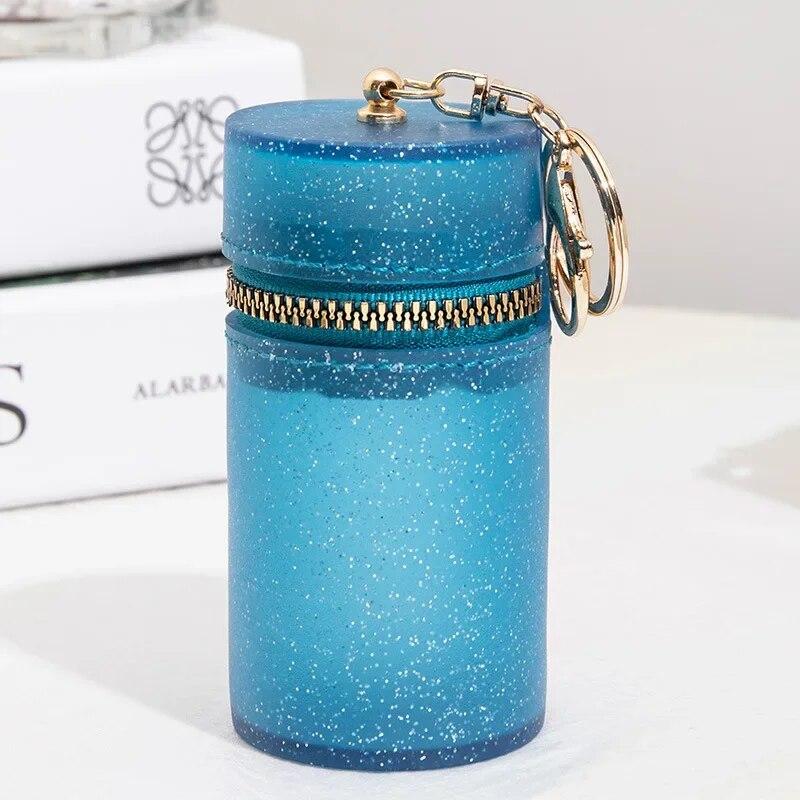 Новая цилиндрическая мини-сумка для помады ярких цветов, блестящая сумка для монет на молнии с брелком, портативный органайзер для блеска для губ