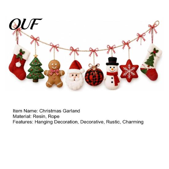 Seasonal Atmosphere Creation Supplies Christmas Garland, Resin Snowman Gingerbread Man Tree Santa Banner with Red Plaid Hanging Ornaments for