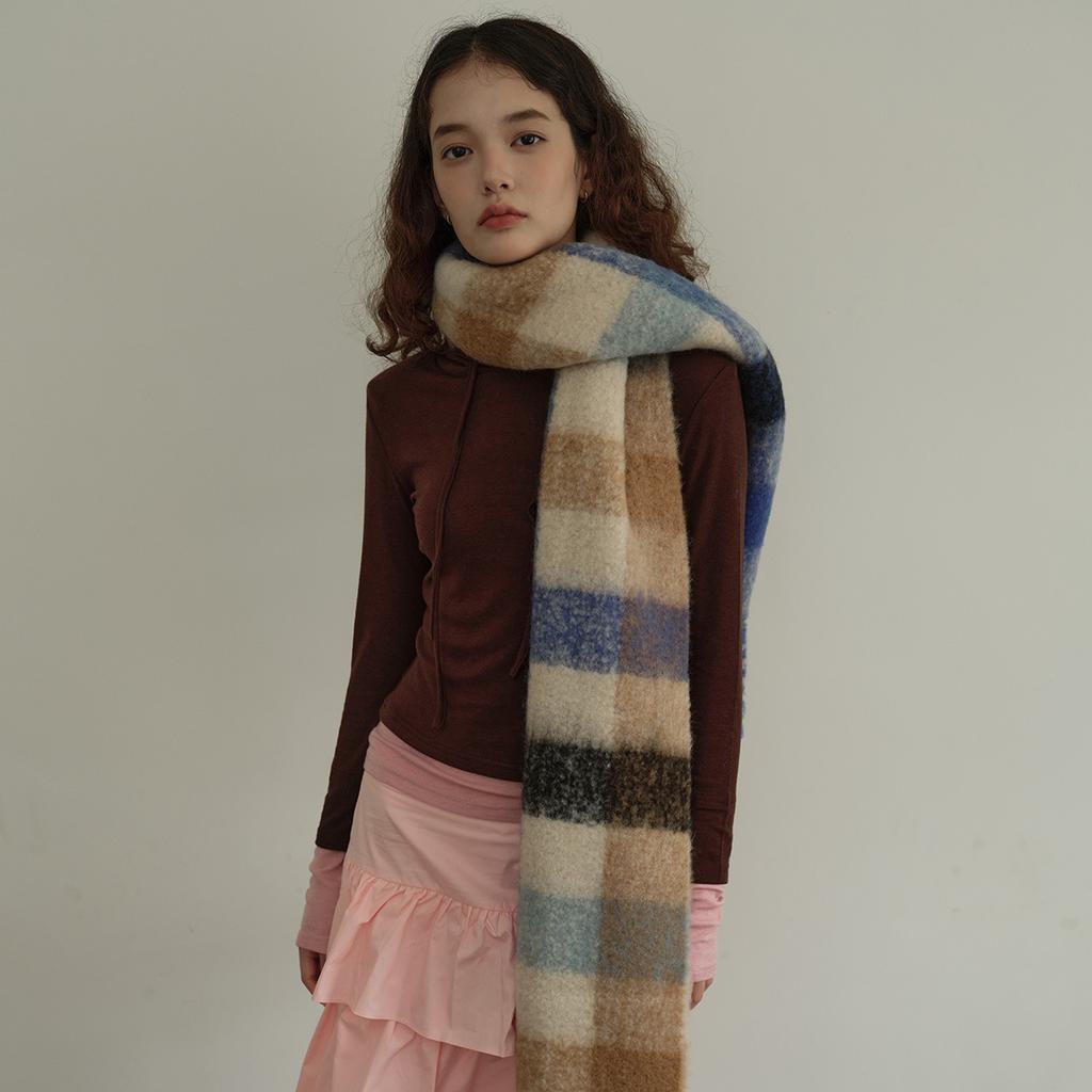 Wool Neutral Retro Blue Plaid Scarf Women's Winter Atmosphere Soft Waxy Wool Scarf
