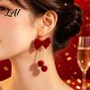 Christmas Gift for Her 1 Pair Velvet Bow Earrings Women Red Bowknot Dangle Drop Lightweight Alloy Ear Hooks with Ball Charm Jewelry New Year