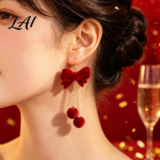 Christmas Gift for Her 1 Pair Velvet Bow Earrings Women Red Bowknot Dangle Drop Lightweight Alloy Ear Hooks with Ball Charm Jewelry New Year