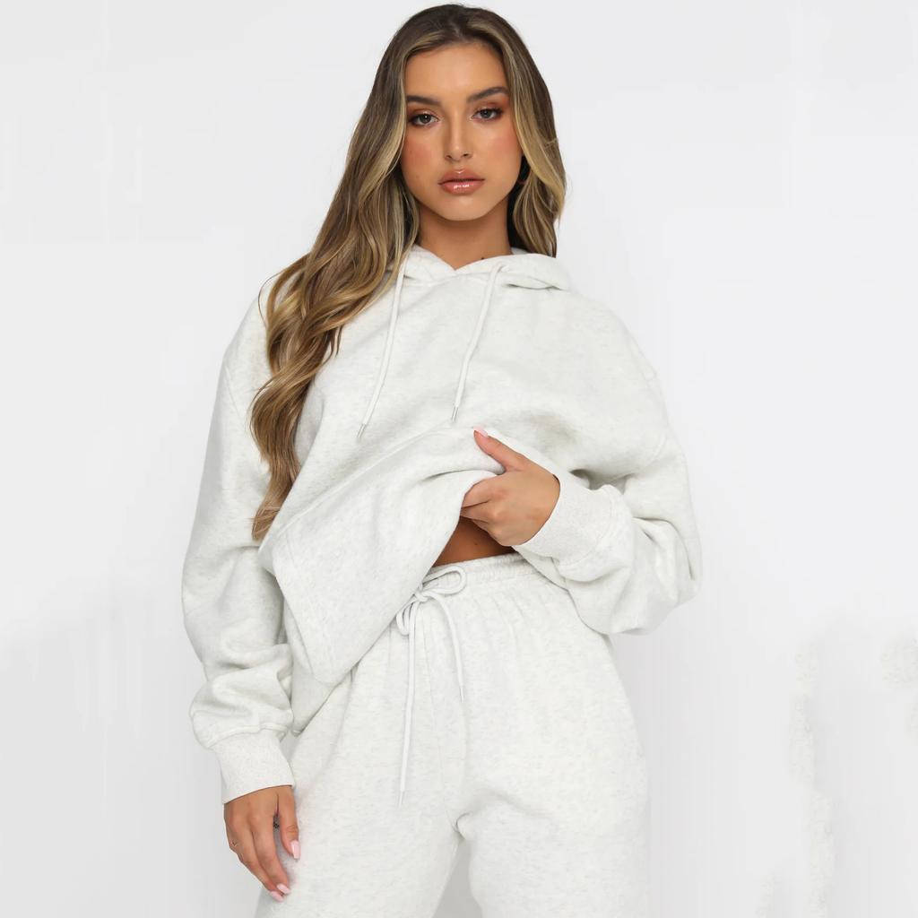 Women's Solid Color Hooded Pullover Sweatshirt Set with Long Pants Casual Pockets Spring Fall