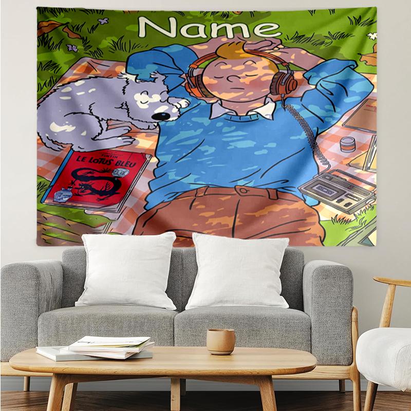 Custom Name The Adventures of Tintin Print Tapestry, Backdrop, Easy Setup, Ideal for Bedroom, Office & Living Room, with Aesthetic Wall Hanging Decor.
