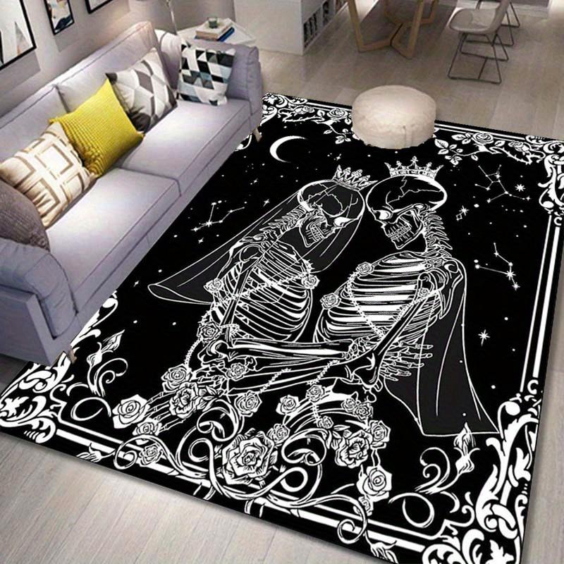 Romantic Skeleton CoupleRug forGothic WeddingDecorBlack and White Skull CarpetDark RomanceAnti slip carpet can be machine washed