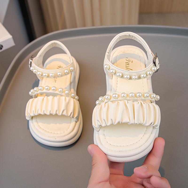 Girls Princess Sandals with Pearls Children Summer Beach Shoes Fashion Kids Leather Sandals for Party Wedding Sweet Size 26-36