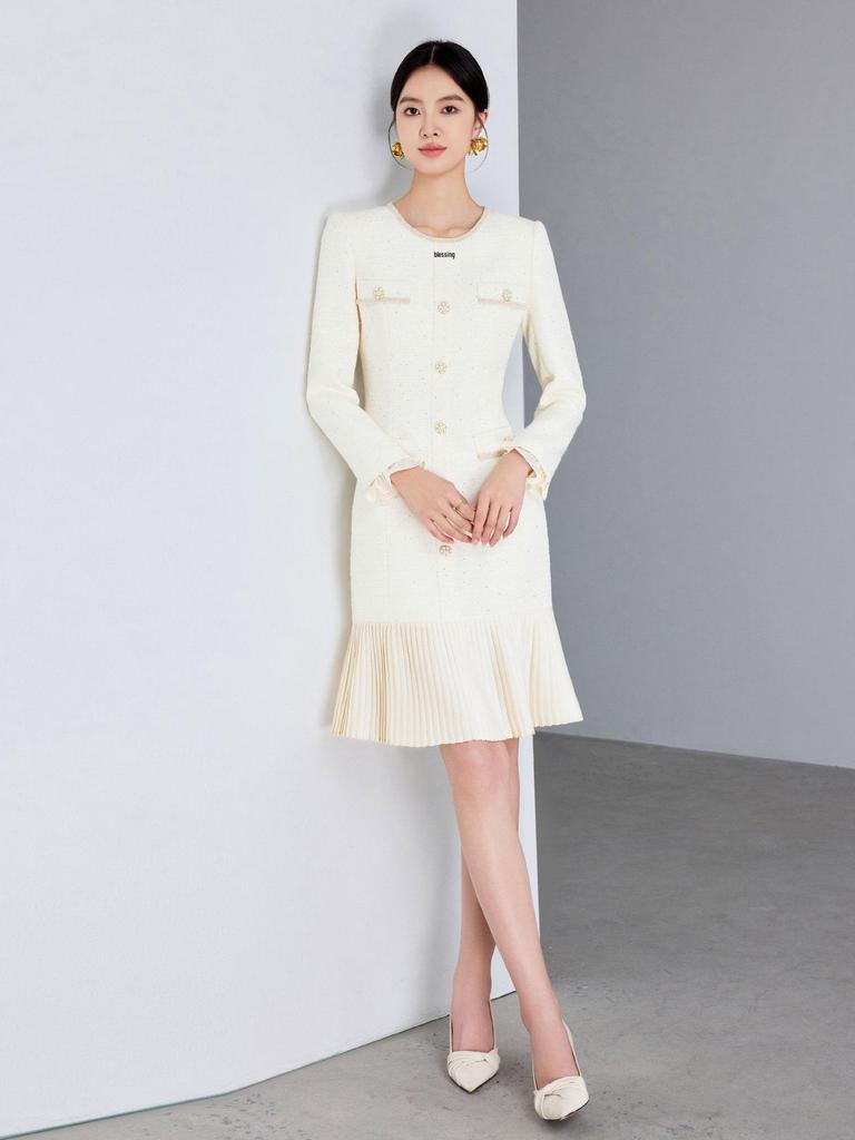 Beige French Style Pleated Long Sleeve Dress for Women - 2025 Elegant Slimming Design