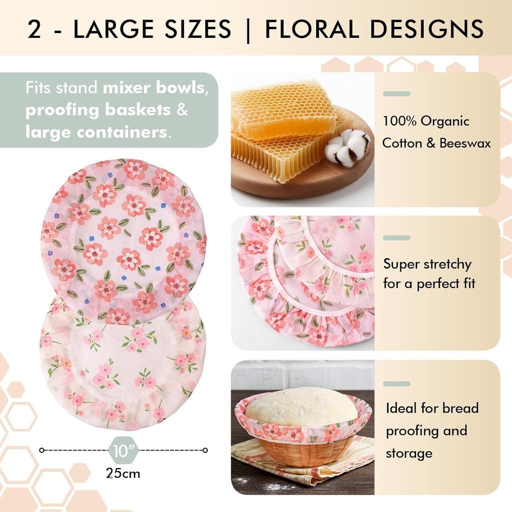 Reble Beeswax Bowl Covers, 2 Large Bowl Covers for Bread Proofing Baskets, 12 inch Elastic Cotton Cloth Sourdough Bread Cover, Food Cover Storage