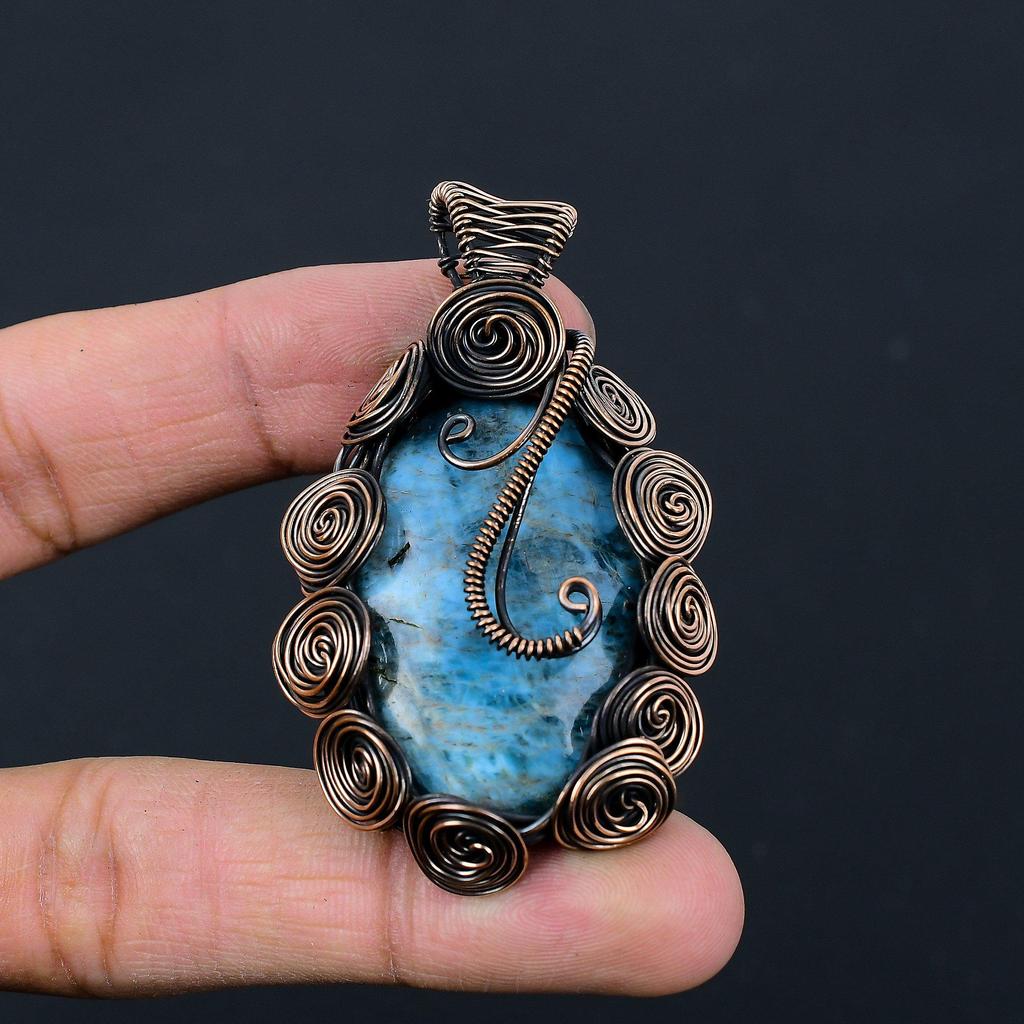 Неоновый синий апатит драгоценный камень медная проволока обертка ручной работы кулон ювелирный подарок для любви