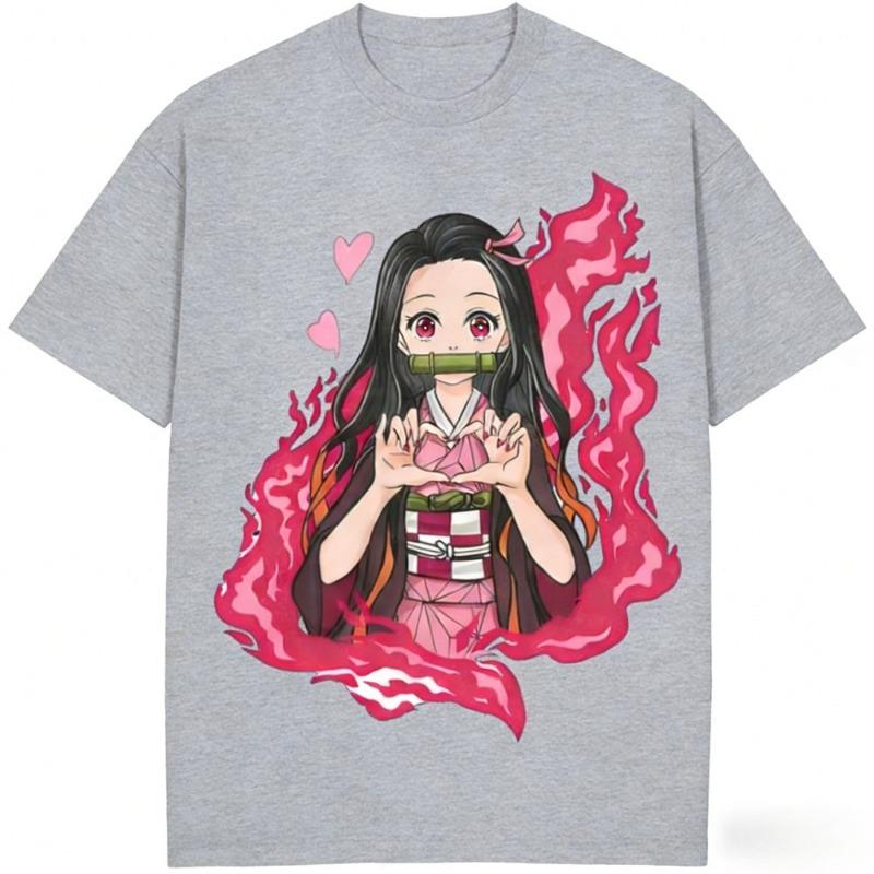 Футболка из чистого хлопка с принтом Nezuko Kamado из Demon Slayer, летняя новинка 2026 года, свободная, повседневная, для родителей и детей, с коротким рукавом