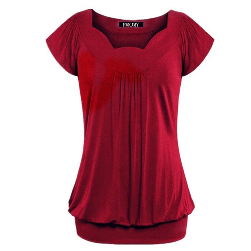 Elegant Women's Fashion Summer V-neck Short Sleeve Pleated Loose Blouse Plus Size