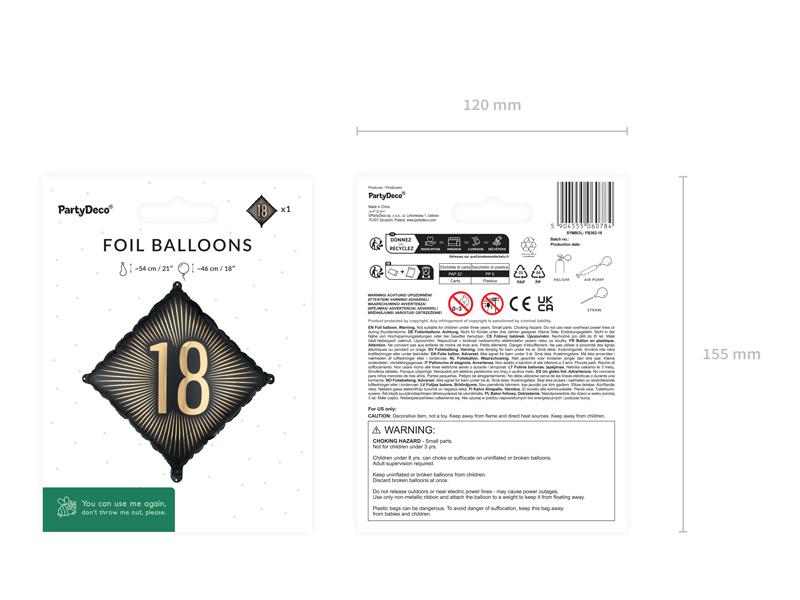 Black Gold Foil Balloon with "18" Inscription 46cm Birthday