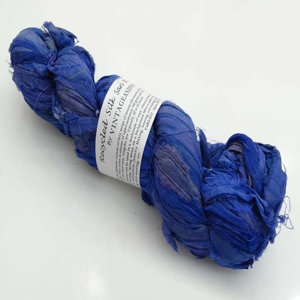 100g Recycled Sari Silk Ribbon Yarn, Jewelry Making Trim - Blue Mix
