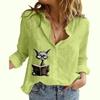 Women Fashion Buttoned Shirt Spring&summer Thin Cotton Linen Top Casual Cat Print Long Sleeved Blouse
