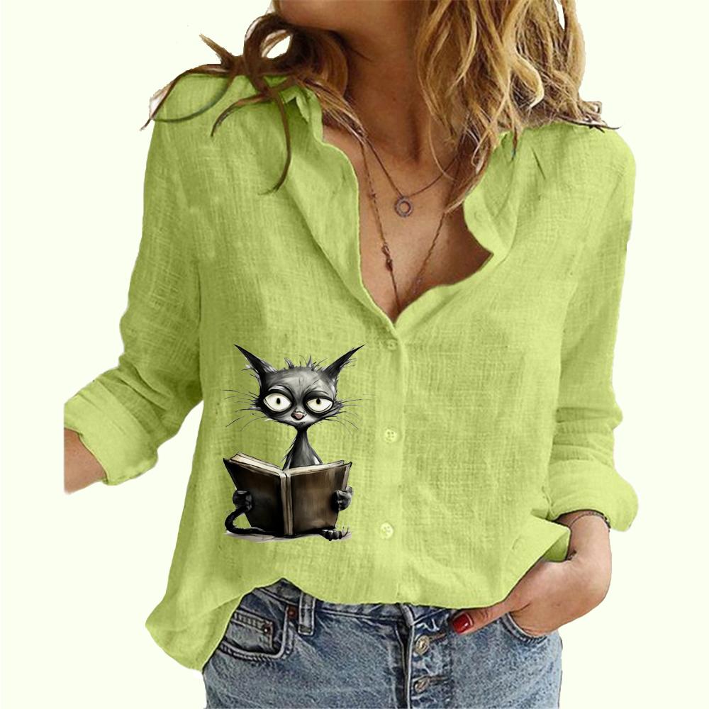 Women Fashion Buttoned Shirt Spring&summer Thin Cotton Linen Top Casual Cat Print Long Sleeved Blouse