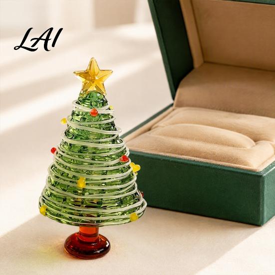 Christmas Table Centerpiece Glazed Tree Figurine Colorful Miniature Xmas Decor Handcrafted Small Ornament for Desk Glass Home Office Holiday