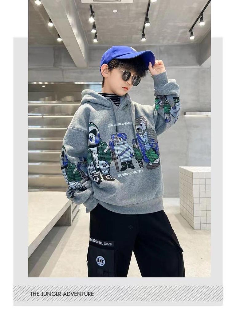 2024 Новая плюшевая толстовка с капюшоном для мальчиков: Плотная, стильная и теплая для детей среднего и крупного размера — идеально подходит для осенних и зимних видов спорта.