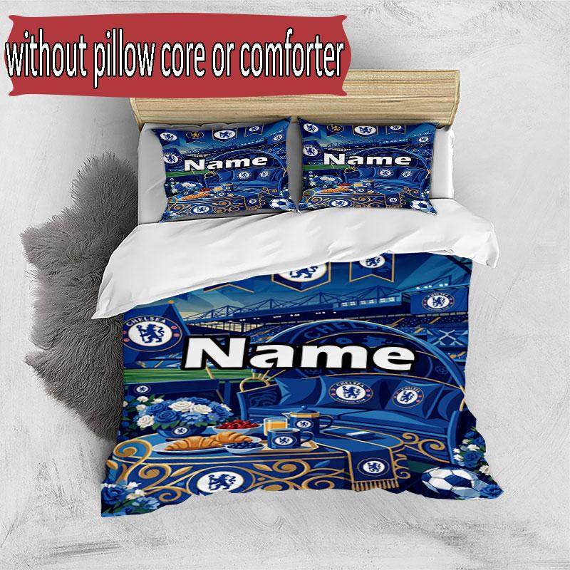 3pcs Duvet Cover Set (1*Duvet Cover + 2*Pillowcase, Without Core), Custom Name Chelsea Football Club Pattern Bedding Set, Home Bedroom Decor Gift
