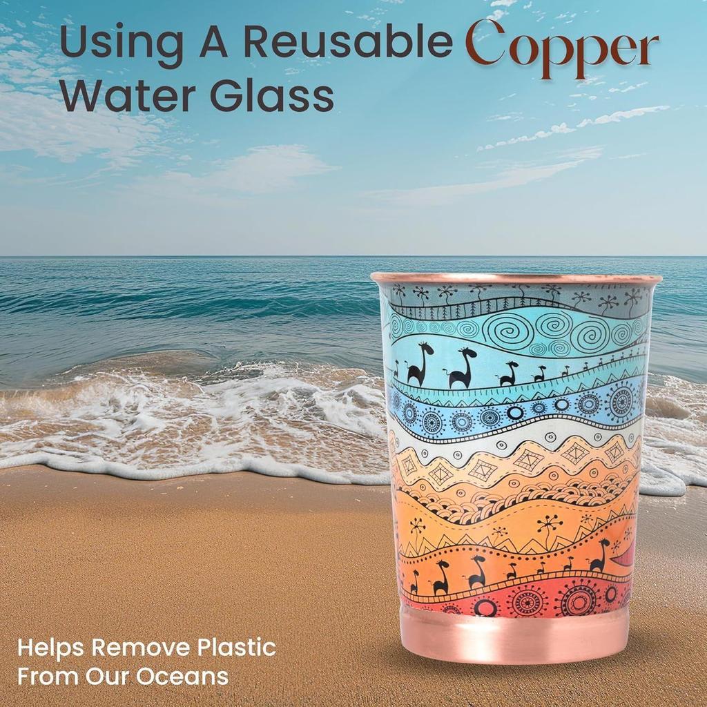 New Copper Printed Design 250ML Water Glass with Rust Proof Protection for Home and Office Use Ayurveda and Yoga Health Benefits Glass Set of 6