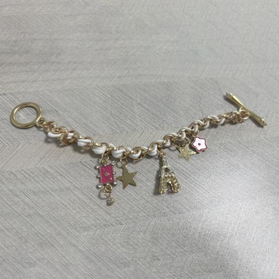 Women Fashion Eiffel Tower Stars Flower Poker Pendants Faux Leather Bracelet Jewelry