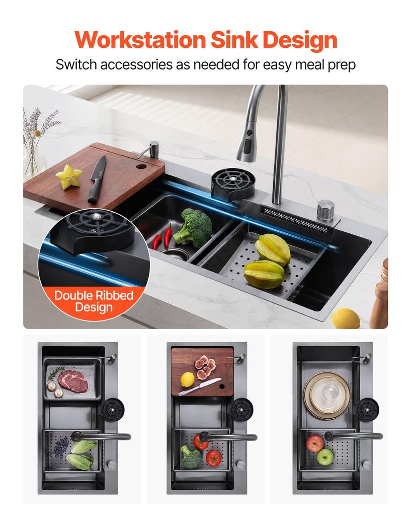 85cm Kitchen Top Mount Single Bowl Sinks, Stainless Steel Drop-In Farmhouse Basin with Ledge & Accessories, Household Dishwasher Sinks for RV, Prep