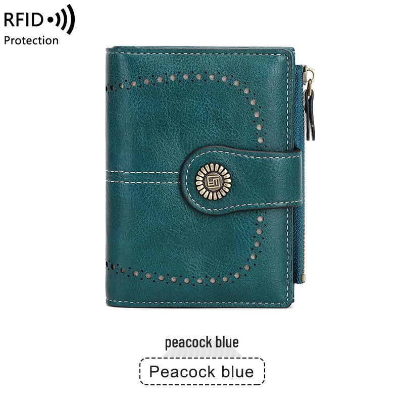 Women's RFID Anti-theft Leather Wallet: Multi-card Slot, Buckle & Zipper - European & American Fashion