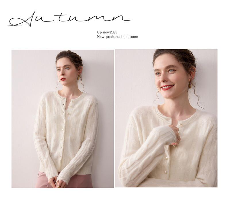 2025 Fall/Winter Women's Cashmere Pearl Button Cable Knit Cardigan - Round Neck, Solid Color, Loose Fit Sweater Coat