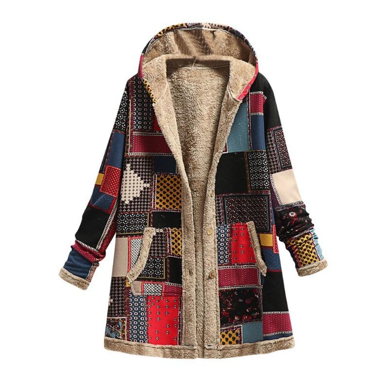 Casual Women Warm Outwear Retro Printed Pockets Zipper Hooded Long Sleeve Thicker Coat Plus Size
