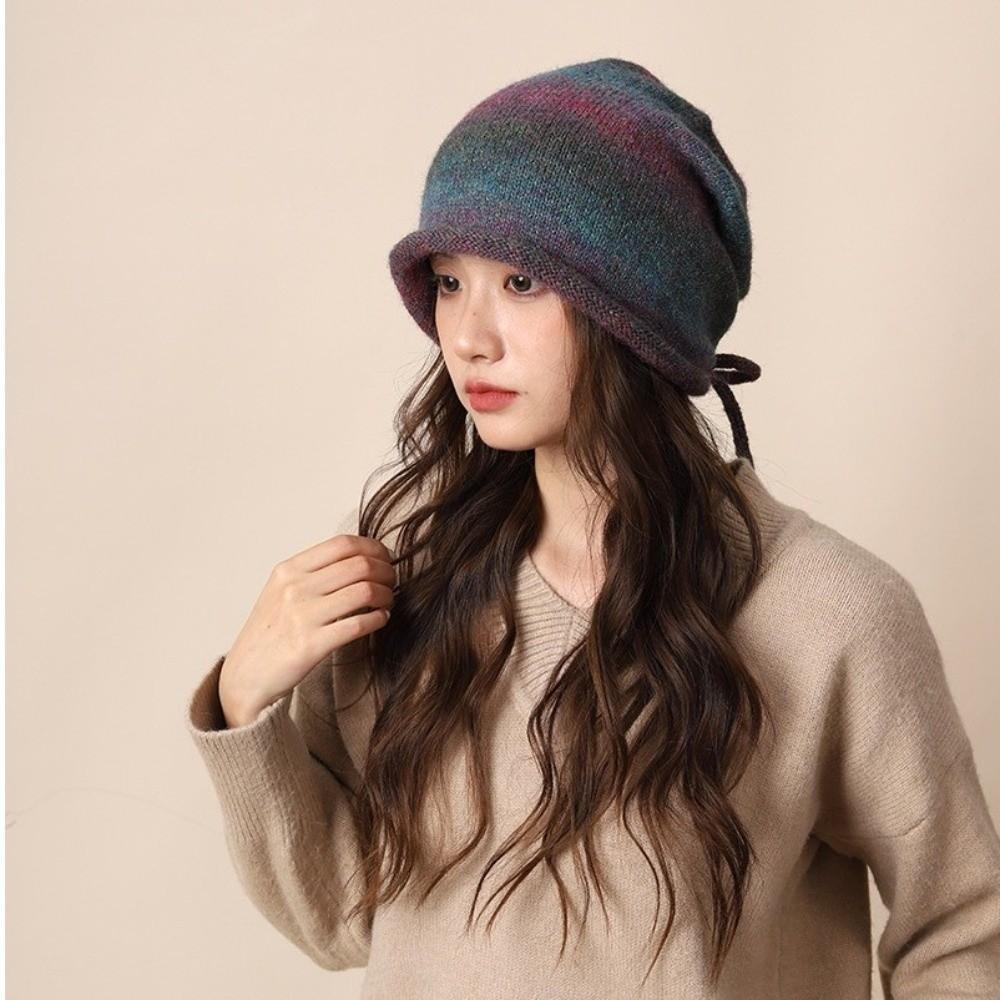Gradient Color Beanies Skullies Knitted Drawstring Slouch Hat Fashion Bonnet Hat