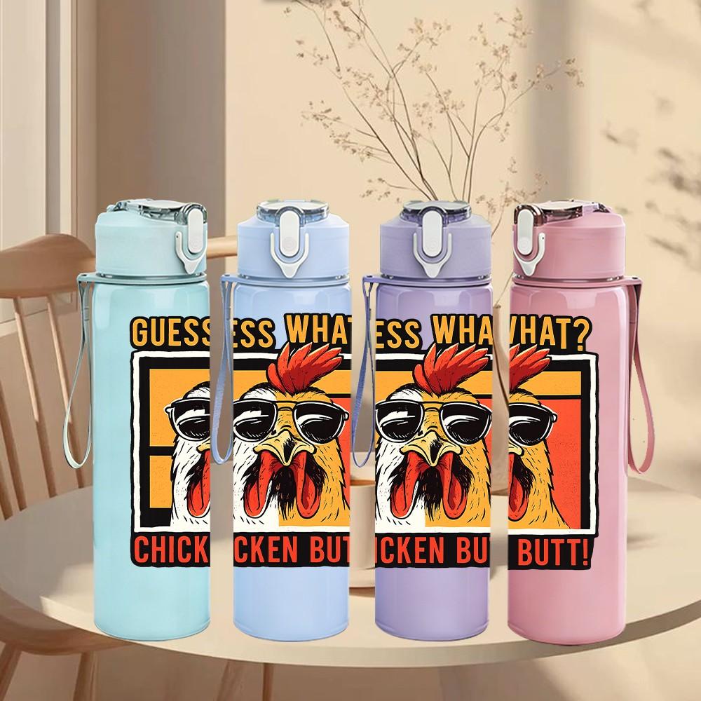 1PC Guess What Chicken Butt Humor Slogan Print 750ml Color Plastic Sports Water Bottle Leakproof Flip Straw Lid Suitable for Sports Office Home Use