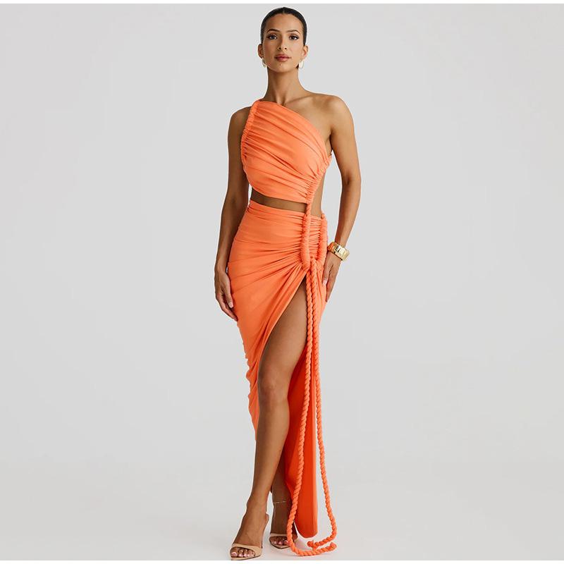 Модное асимметричное платье с открытой спиной и высоким разрезом, длинное женское сексуальное платье с косыми плечами из пеньковой веревки, ажурное летнее платье для отдыха