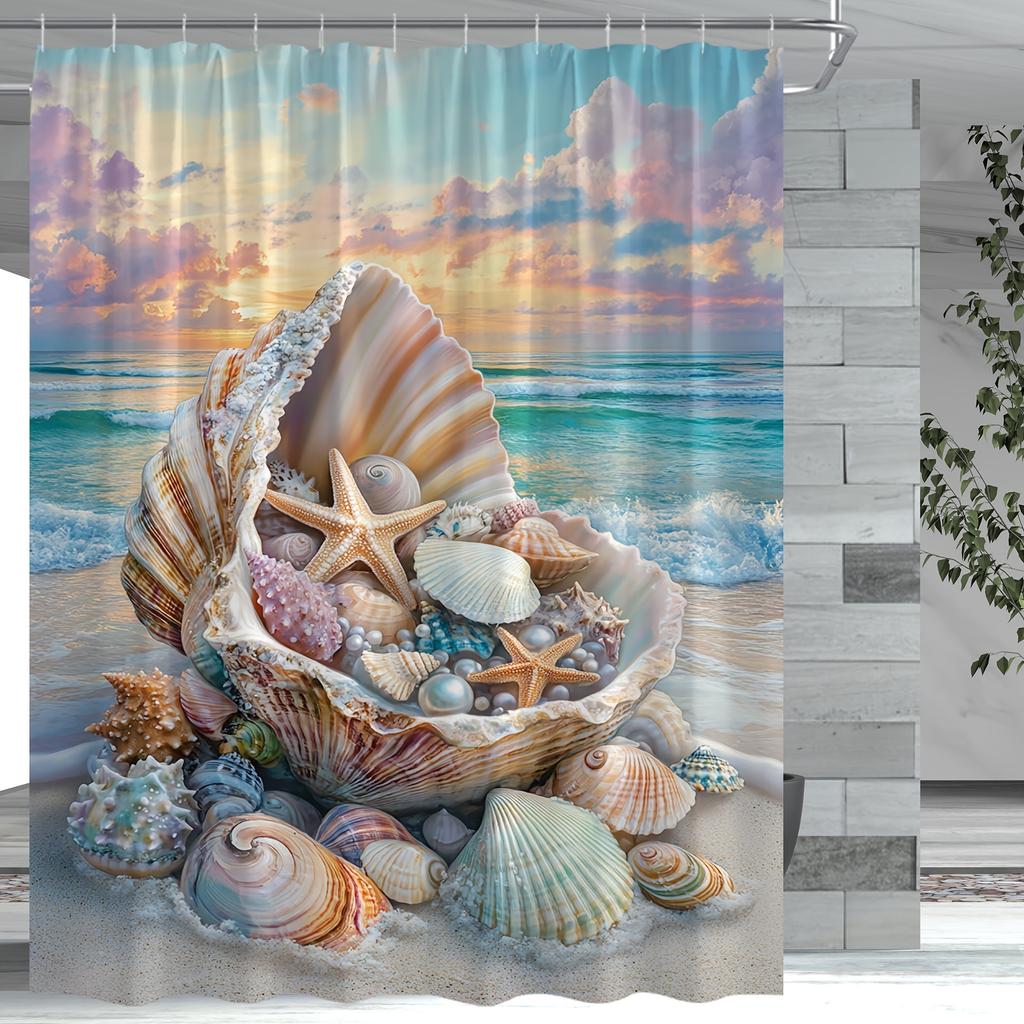 Waterproof Ocean Seashell Beach Shower Curtain Tropical Nautical Bathroom Decor Art Print Curtain for Home Use