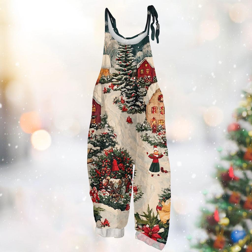 Женский комбинезон с рождественским принтом, повседневный свободный винтажный комбинезон из хлопка и льна