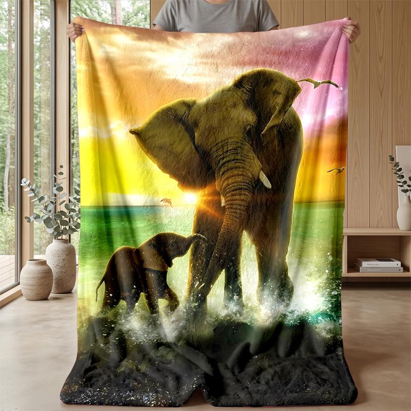 Elephants at Coastal Sunset Theme blanket Lightweight Warm Flannel Blanket Decorative Throw Blanket for Home Decoration