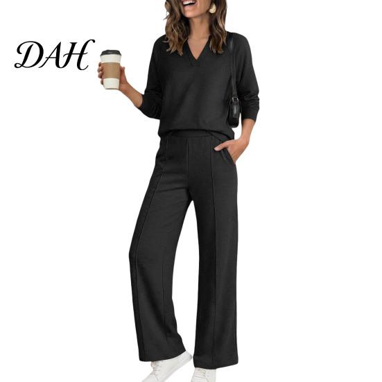 V Neck Pullover Sets Women Sweatshirt Pants 2-Piece Set, V-Neck Long Sleeve Top & Wide Fabric Fitness Clothing Leg Trousers with Elastic Waist, Solid