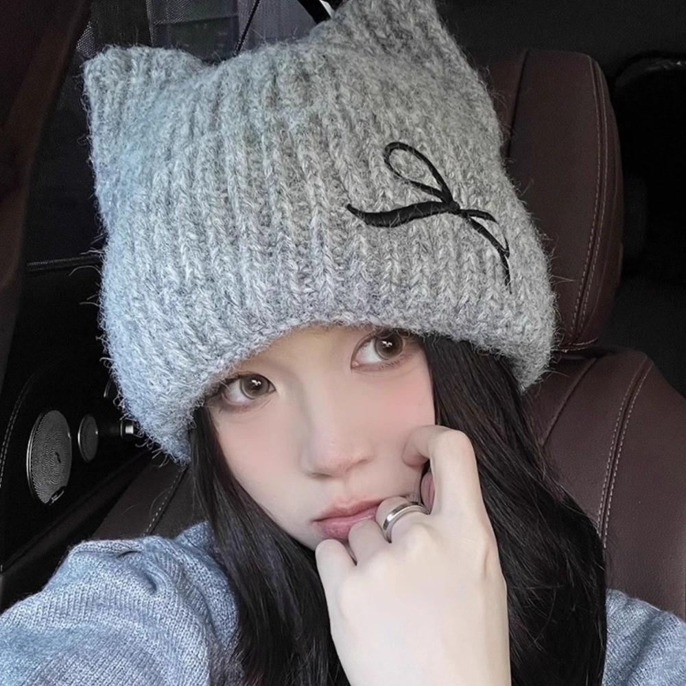 Thickened Cat Ear Beanie Windproof Knitted Skullies Soft Knitted Woolen Hat Ladies