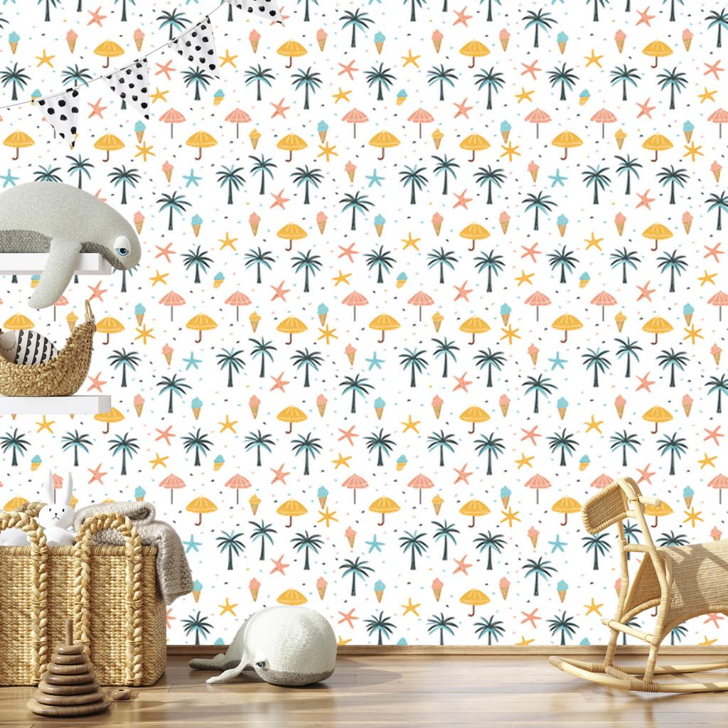 Summer wallpaper white, cream, light gray and turquoise 50x1000