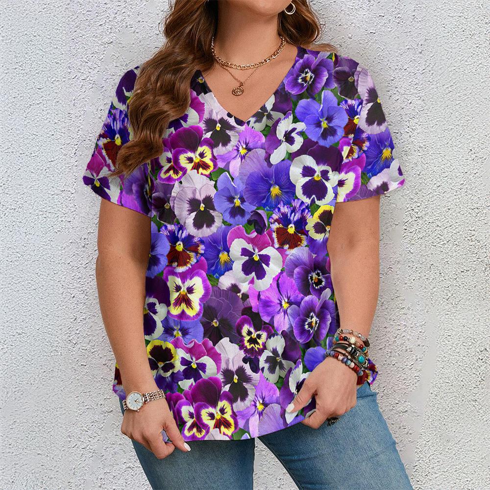 Women's Short Sleeve V Neck Tshirt Woman Fashions Loose Plus Size Clothing Colorful Flower Print Holidays T-Shirts Tops