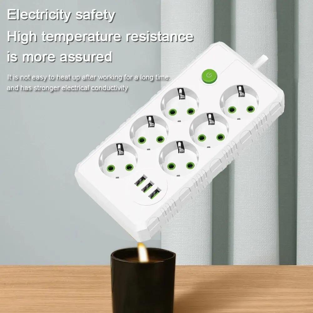 Розетка европейского стандарта 2/4/6 розеток, удлинитель с несколькими ответвлениями, электрическая розетка, удлинитель 2 м с 3 портами USB, максимальная мощность 2500 Вт, 1 выключатель
