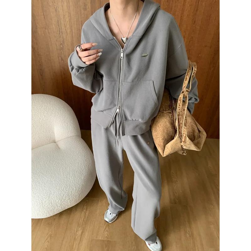 Осенняя мода Двойная молния Ленивый Повседневный свитшот с капюшоном Завязка Широкие брюки Костюм Ранняя осень Новый стиль